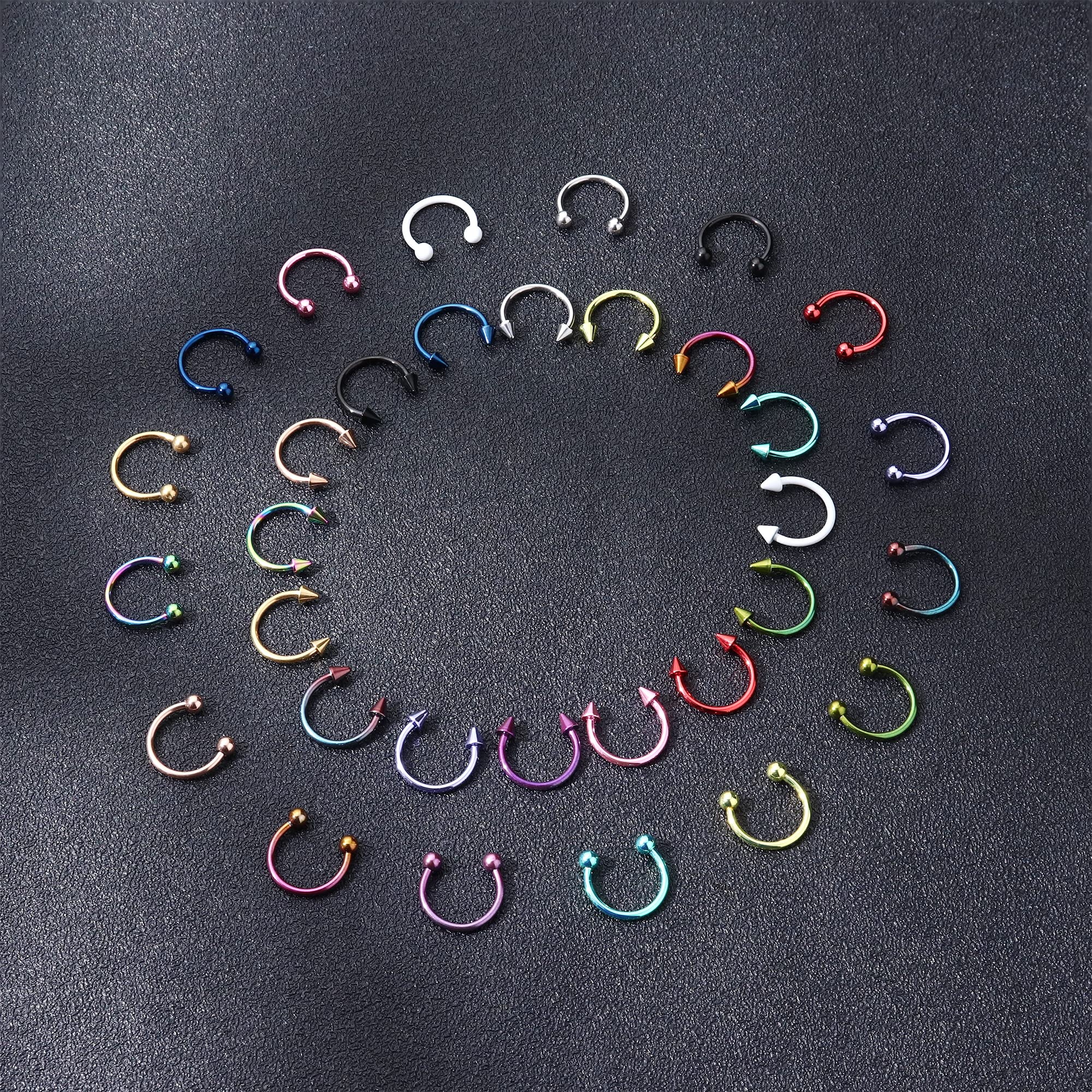 TEN MIRO 32Pcs 16G Horseshoe Nose Septum Rings Surgical Steel Eyebrow Tragus Lip Rings Daith Helix Cartilage Piercing Jewelry for Women Men Balls & Spikes Septum Jewelry 10mm