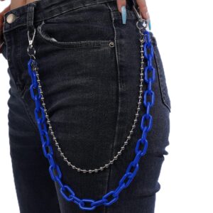 yertter cute color acrylic layered jeans pants chains hip hop trousers chain colorful acrylic gothic rock jean pant chain waist link chain for women men egirls (blue)