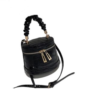 trendy design front zip crossbody tote bag, bucket mini shoulder bag with crinkle handle (black)