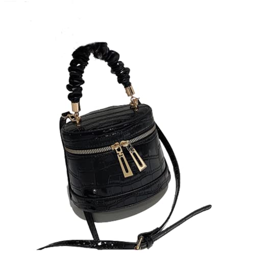 Trendy Design Front Zip Crossbody Tote Bag, Bucket Mini Shoulder Bag With Crinkle Handle (Black)