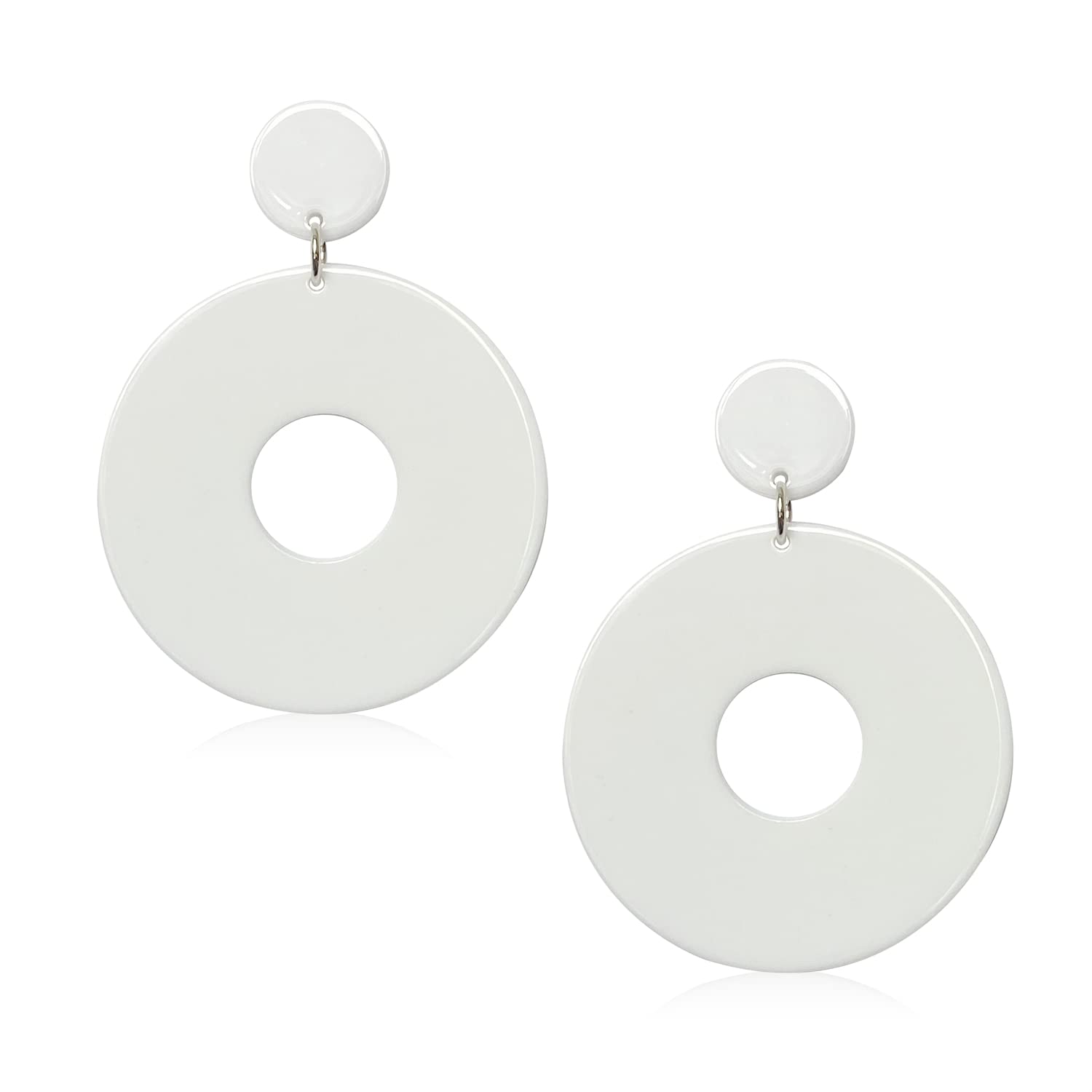 WUWEIJIAJIA Unique 80s 90s Boho Black White Huge Acrylic Hollow Round Dangle Drop Earrings Resin Geometric Stud Earrings for Women Summer Holiday Party (White)