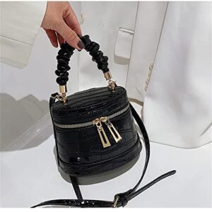 Trendy Design Front Zip Crossbody Tote Bag, Bucket Mini Shoulder Bag With Crinkle Handle (Black)