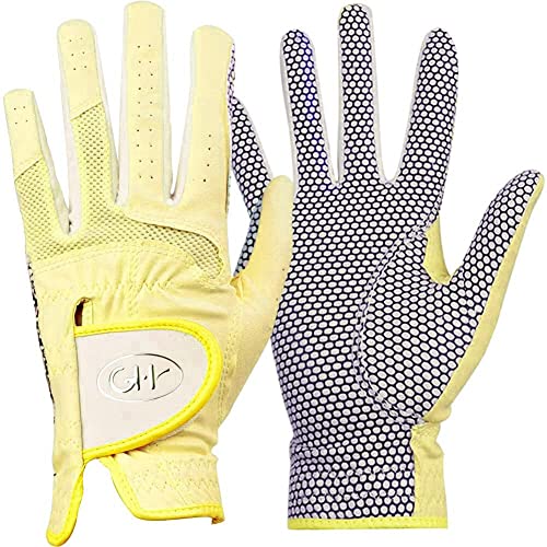 GH CLUB GH Women's Leather Golf Gloves One Pair - Plain Both Hands (Yellow, 19 (S))