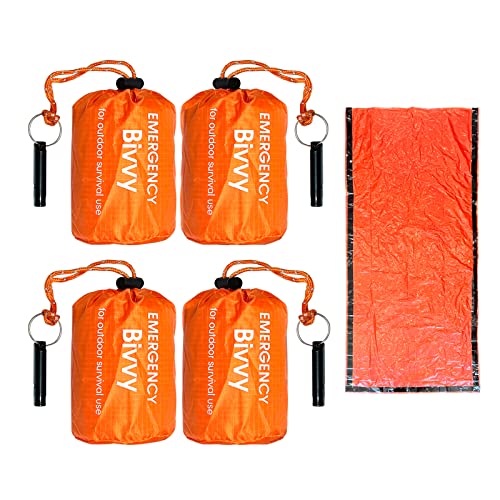 8 in 1 Emergency Sleeping Bivvy Sack, Survival Sleeping Bag with Whistle, Thermal Bivy Sask Blanket, 1-Person Size, Lightweight and Portable (4 Pack)