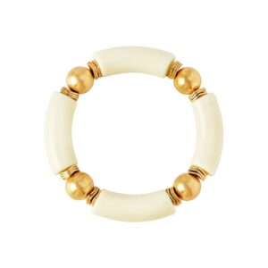 lalapple gold plated beaded acrylic bamboo tube bangle bracelets for women, colorful chunky curved tube with gold pieces beads stretch bracelet friendship summer beach jewelry (a-ivory)