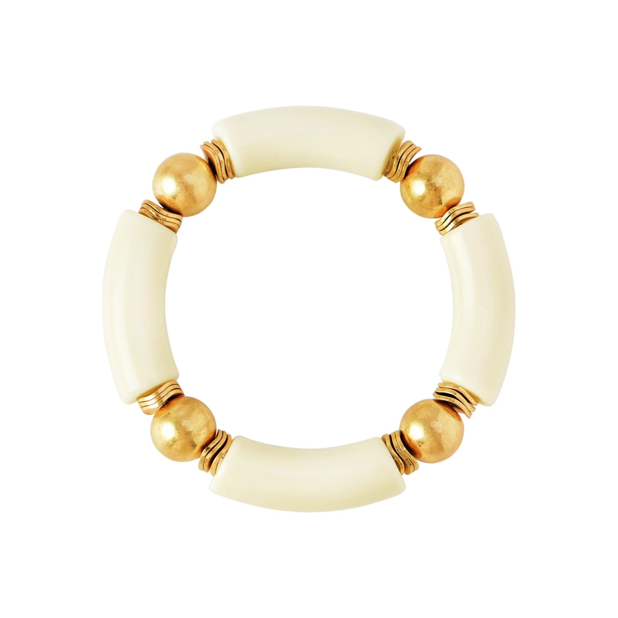 LALAPPLE Gold Plated Beaded Acrylic Bamboo Tube Bangle Bracelets for Women, Colorful Chunky Curved Tube With Gold Pieces Beads Stretch Bracelet Friendship Summer Beach Jewelry (A-Ivory)