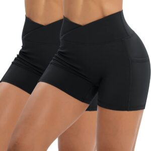 Workout Shorts for Women 2 Pcs Pack Cross Waist Active Gym Spandex Stretchy Yoga Compression with Side Pockets Black+Black-M