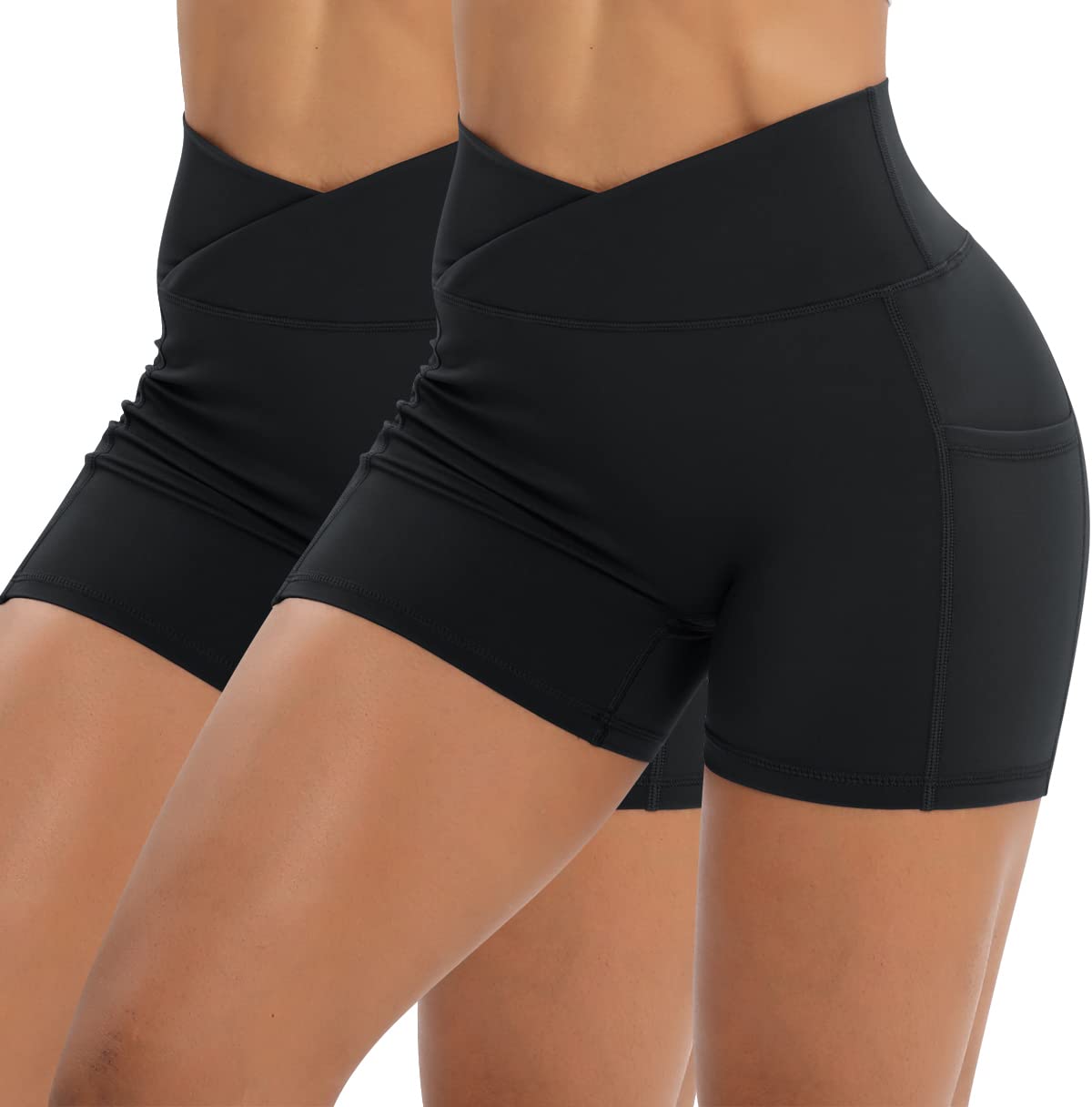 Workout Shorts for Women 2 Pcs Pack Cross Waist Active Gym Spandex Stretchy Yoga Compression with Side Pockets Black+Black-M