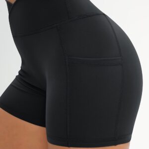 Workout Shorts for Women 2 Pcs Pack Cross Waist Active Gym Spandex Stretchy Yoga Compression with Side Pockets Black+Black-M