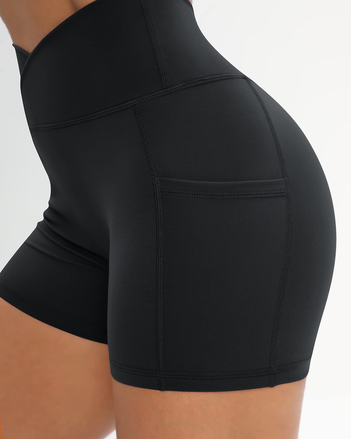 Workout Shorts for Women 2 Pcs Pack Cross Waist Active Gym Spandex Stretchy Yoga Compression with Side Pockets Black+Black-M