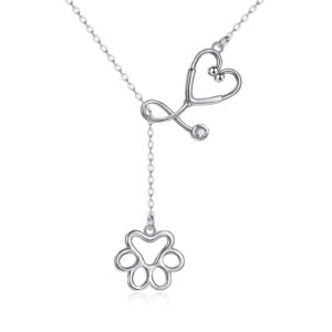 yfn veterinarian gifts 925 sterling silver paw print stethoscope lariat y necklace veterinary student graduation jewelry