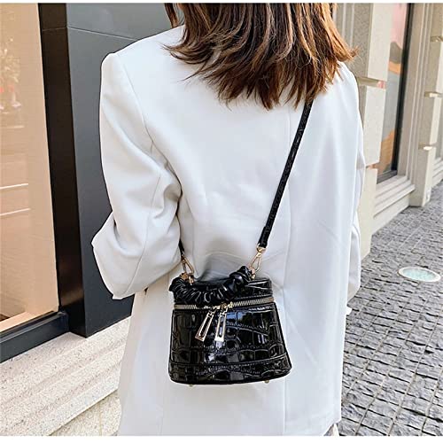 Trendy Design Front Zip Crossbody Tote Bag, Bucket Mini Shoulder Bag With Crinkle Handle (Black)