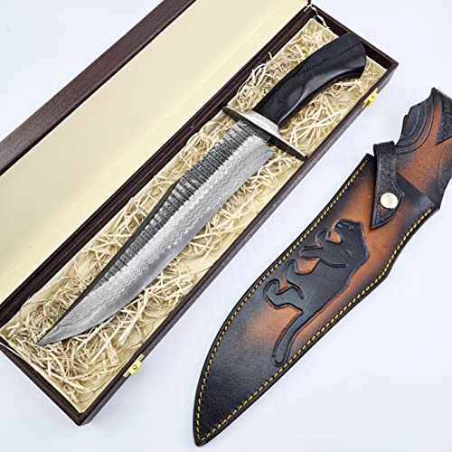 Vetus Black Panther Bowie Knife| Custom Handmade Survival Knife| Damascus Steel Hunting Knife Full Tang Fixed Blade Tactical Bowie knife with Engraved Leather Sheath and Gift Box