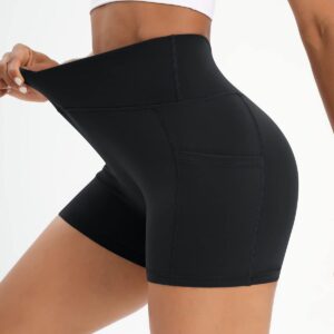 Workout Shorts for Women 2 Pcs Pack Cross Waist Active Gym Spandex Stretchy Yoga Compression with Side Pockets Black+Black-M