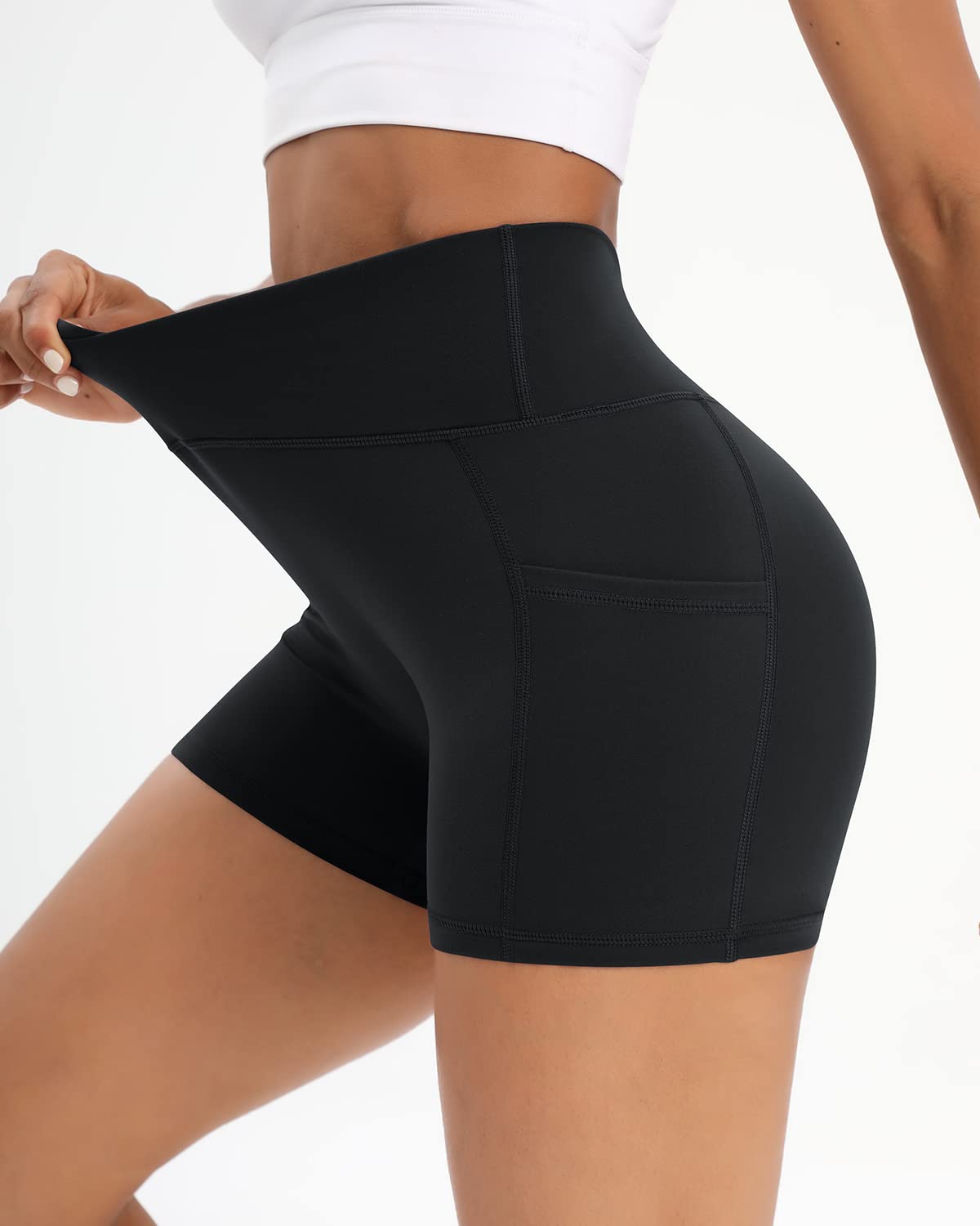 Workout Shorts for Women 2 Pcs Pack Cross Waist Active Gym Spandex Stretchy Yoga Compression with Side Pockets Black+Black-M