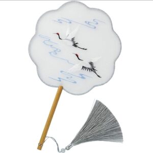 Handmade Folding Fan Folding Fan, Hand-held Fan,Fan Round Fan Fan Embroidery Crane Embroidery Hanfu Fan Silk Long Handle Summer Cool Handheld Fan