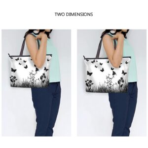 Tote Bag Black Butterfly Print, Large Capacity Zipper Women Grocery Bags Purse for Daily Life 2 Sizes