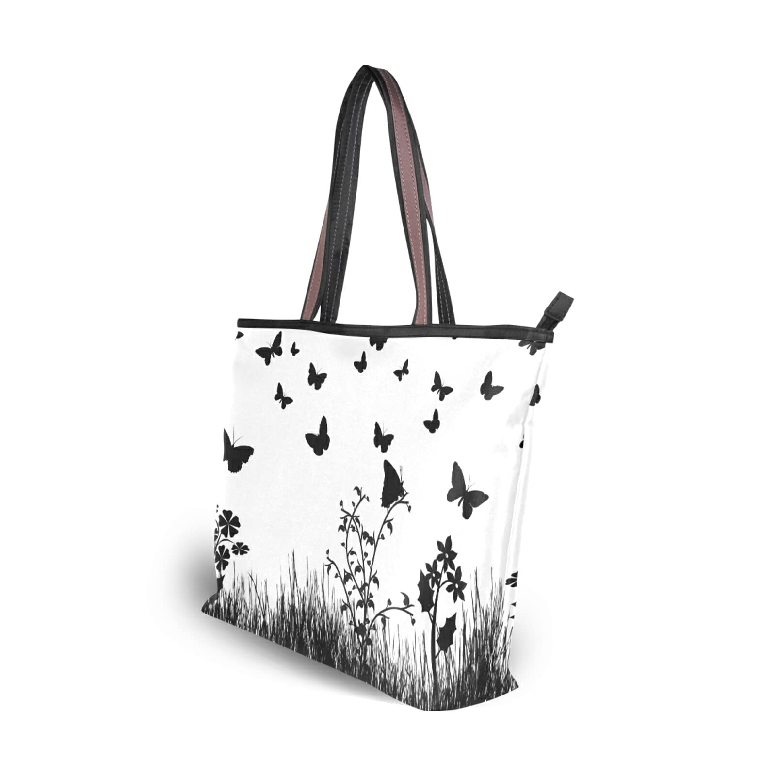 Tote Bag Black Butterfly Print, Large Capacity Zipper Women Grocery Bags Purse for Daily Life 2 Sizes