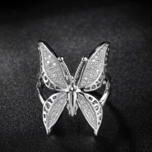 Awmnjtmgpw 925 Sterling Silver Shiny Butterfly Engagement Diamond Ring Foldable True Love Eternal Wedding Ring with Adjustable Opening