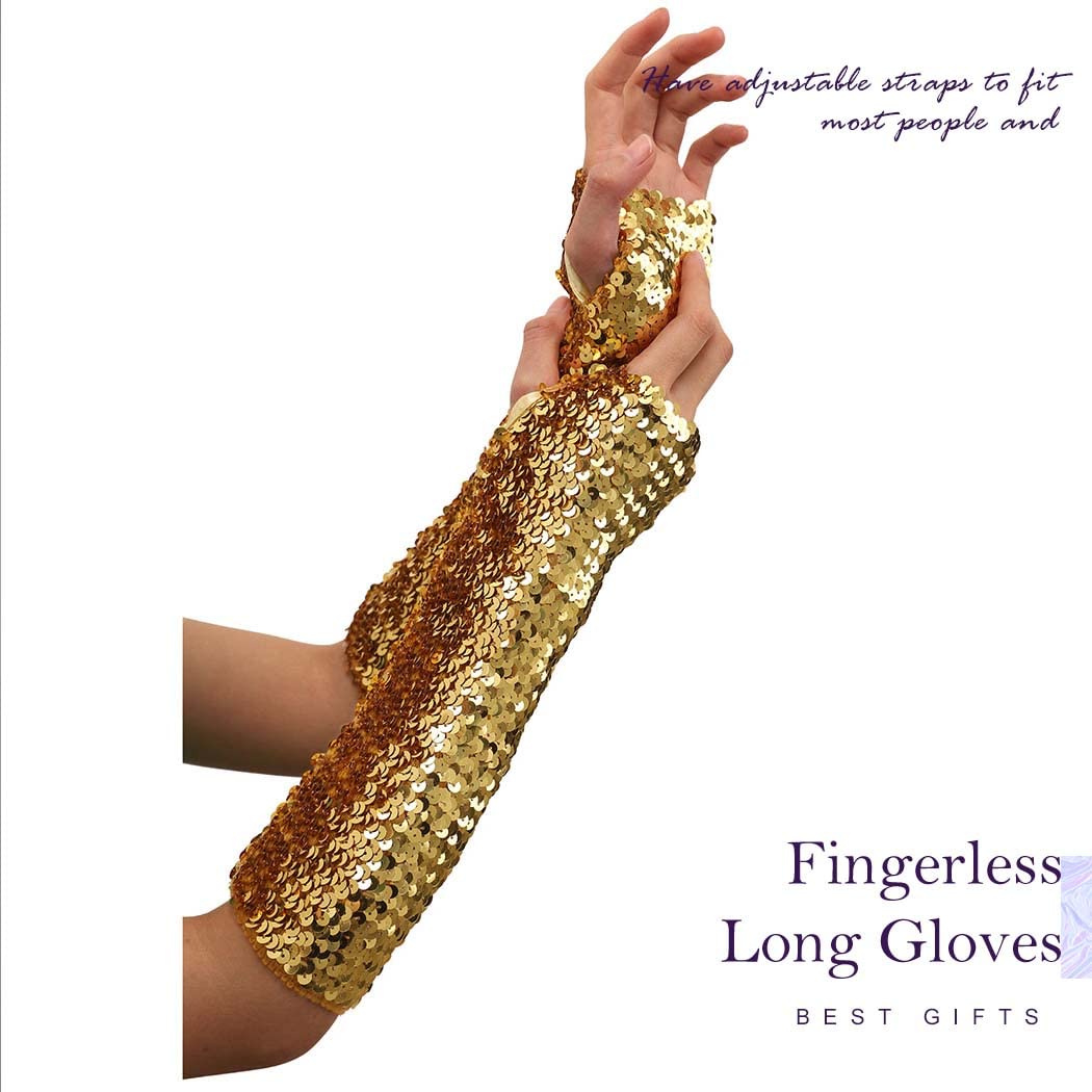 Yikisdy Sequins Fingerless Glove sparkly Gold Gloves Rave Mermaid Glove for Women (Gold)