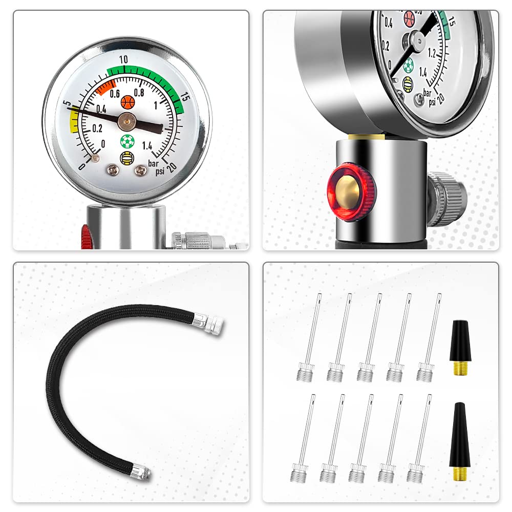 ONG NAMO Ball Pump with Pressure Gauge for Sports Ball Pressure Release, Hand Air Pump for Balls with 10 Needles & 2 Nozzles, Basketball Soccer Ball Volleyball Rugby Pump for Inflating & Deflating