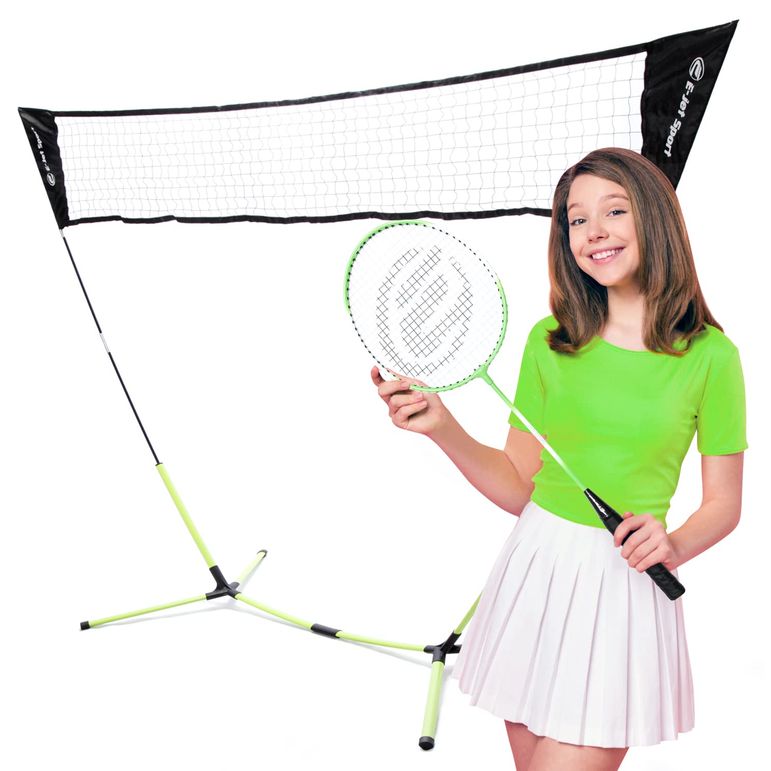 E-Jet Badminton Net, Portable & Instant Setup (Tool Free Assembly) - Backyard Fun, Beach Park Picnic Outdoor Games, Green, 5.1 x 7.8Ft, (EOB72640)