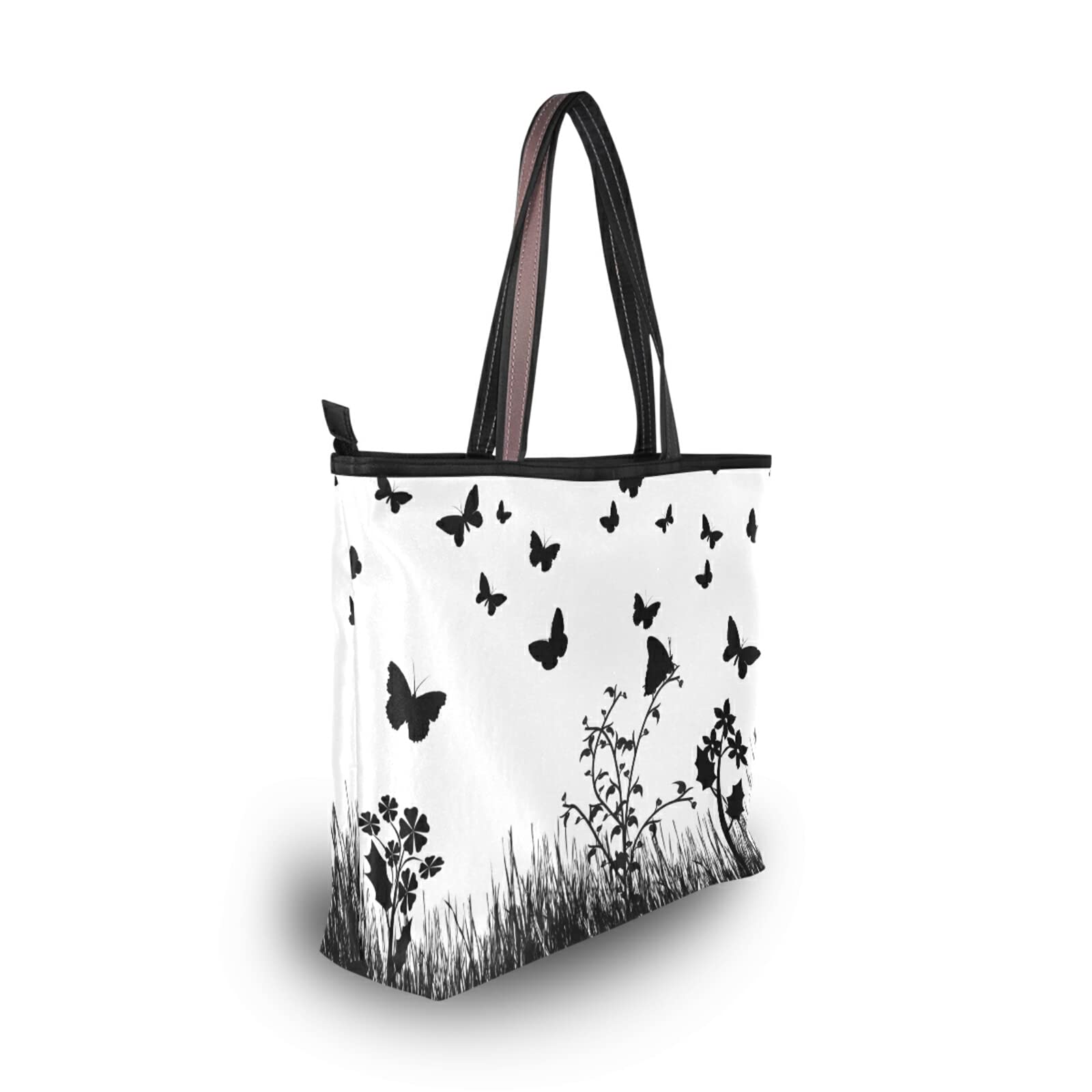 Tote Bag Black Butterfly Print, Large Capacity Zipper Women Grocery Bags Purse for Daily Life 2 Sizes