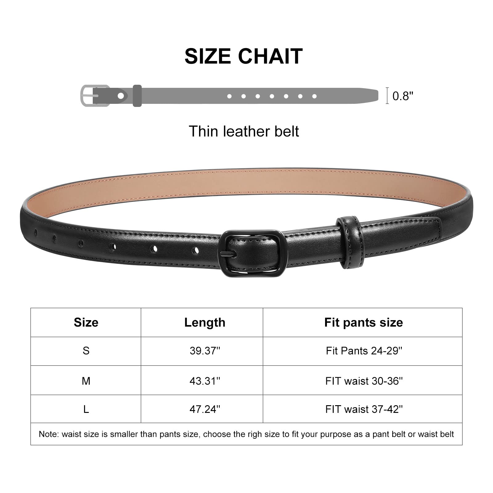 XZQTIVE Black Skinny Belt for Women Jeans Thin Leather Waist Belts With Black Metal Prong Buckle