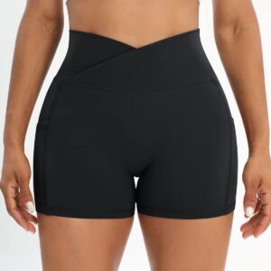 Workout Shorts for Women 2 Pcs Pack Cross Waist Active Gym Spandex Stretchy Yoga Compression with Side Pockets Black+Black-M