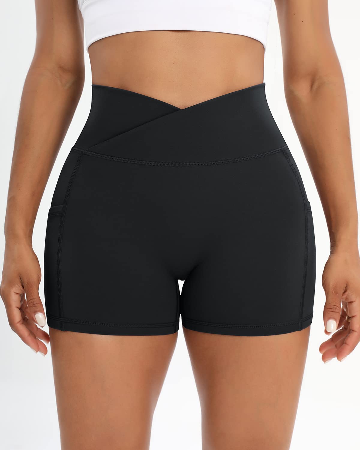 Workout Shorts for Women 2 Pcs Pack Cross Waist Active Gym Spandex Stretchy Yoga Compression with Side Pockets Black+Black-M