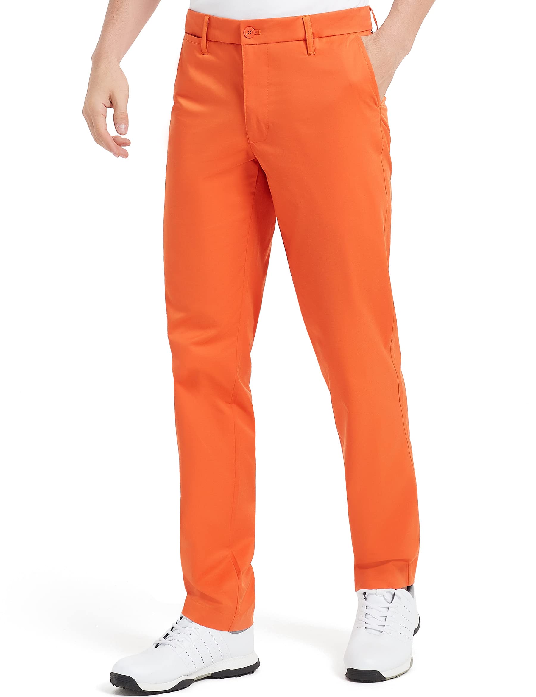 Lesmart Men Golf Pants Expandable Waistband Stretch Relaxed Fit Golf Pants with Pockets Orange 32Wx33L