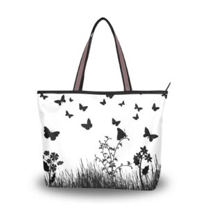 tote bag black butterfly print, large capacity zipper women grocery bags purse for daily life 2 sizes