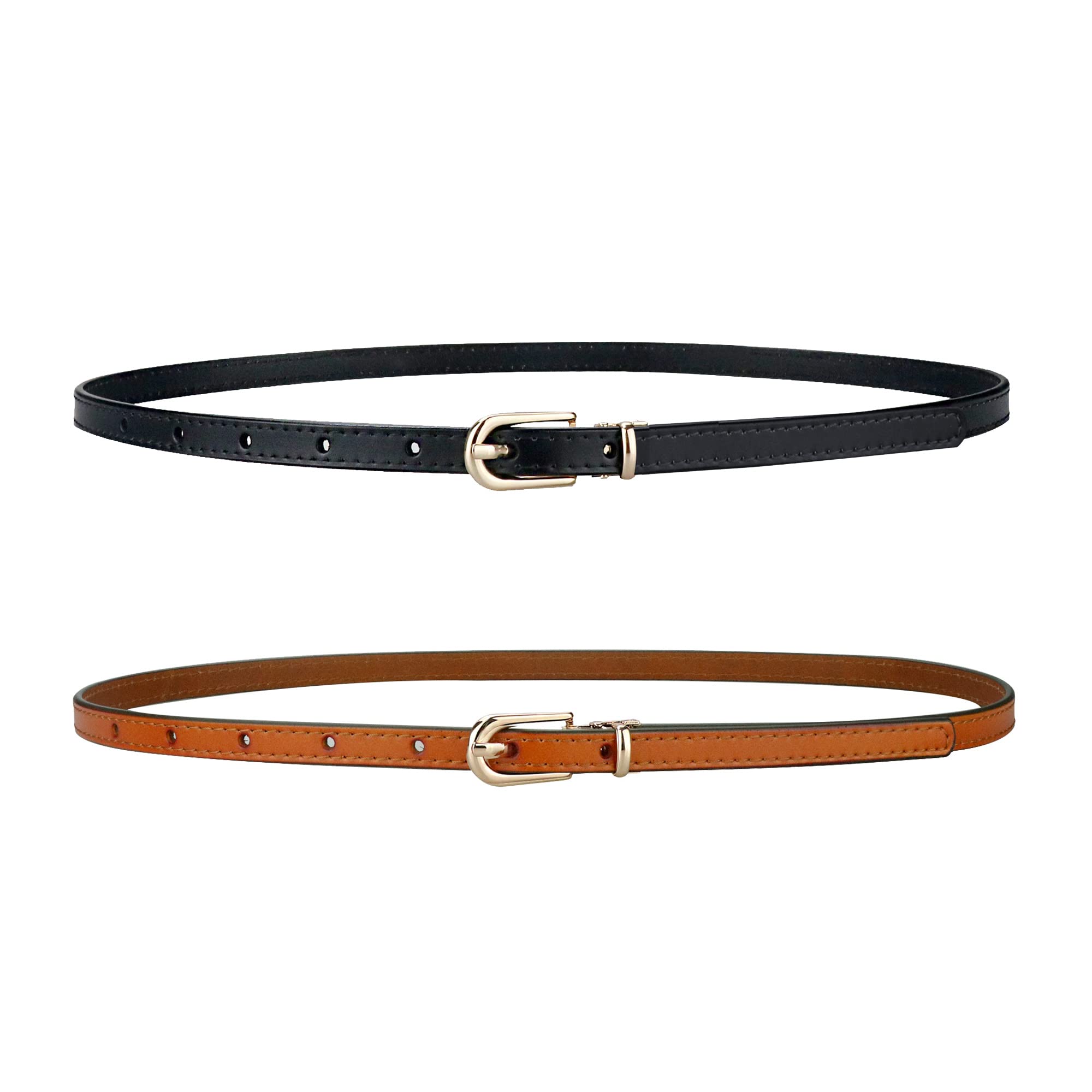 macoking 2 Pack Thin Belts for Women Leather Skinny Belt for Dress Adjustable (Black+Brown, S)