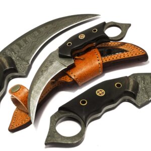 Custom Handmade Damascus steel EDC Karambit hunting knife with black horn handle.