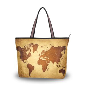 tote bag retro paper world map print, large capacity zipper women grocery bags purse for daily life 2 sizes