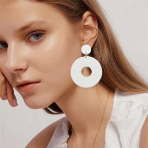 WUWEIJIAJIA Unique 80s 90s Boho Black White Huge Acrylic Hollow Round Dangle Drop Earrings Resin Geometric Stud Earrings for Women Summer Holiday Party (White)