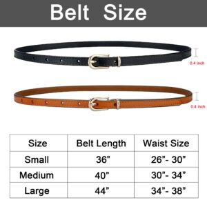 macoking 2 Pack Thin Belts for Women Leather Skinny Belt for Dress Adjustable (Black+Brown, S)