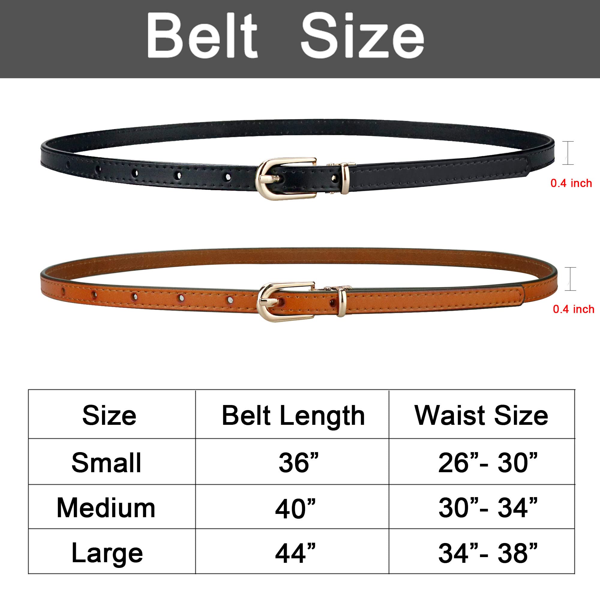 macoking 2 Pack Thin Belts for Women Leather Skinny Belt for Dress Adjustable (Black+Brown, S)