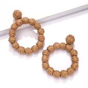 Rattan Zinc Earrings Rattan Ball Hoop Dangle Earrings for Women Handmade Bohemia Earrings Braid Straw Wicker Raffia Earrings Summer Beach Accessory Gifts (Brown)