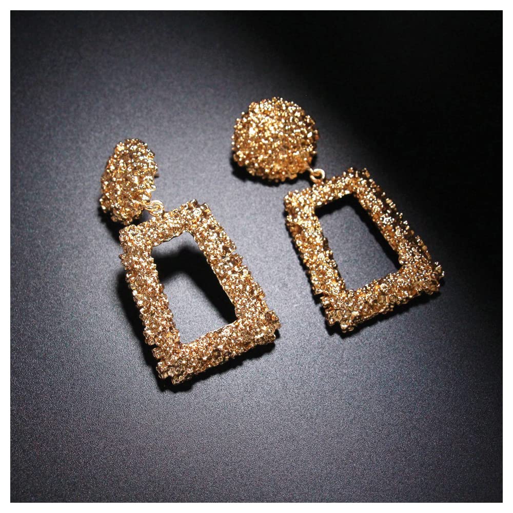 Gold Statement Geometric Dangle Earrings, Big Rectangle Drop Earrings for Women