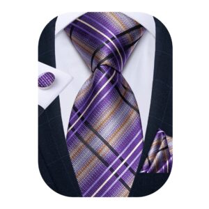 DiBanGu Men's Purple Plaid Tie and Pocket Square Tie Set Classic Checkered Lilac Purple Necktie