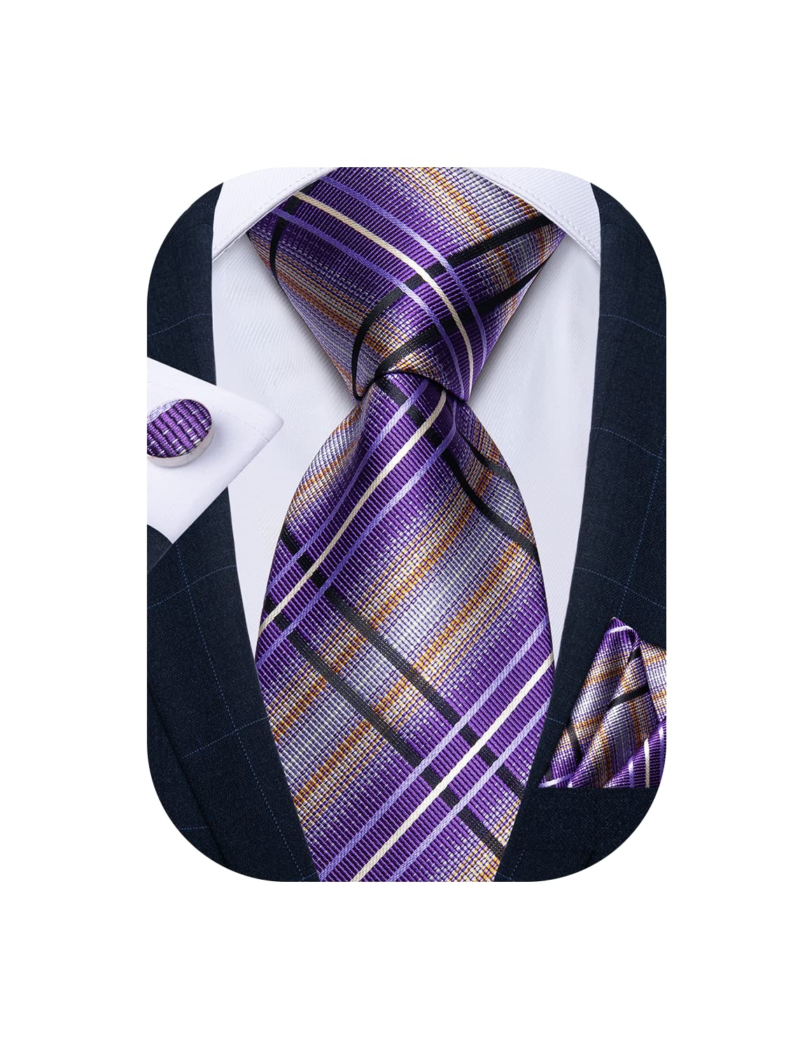 DiBanGu Men's Purple Plaid Tie and Pocket Square Tie Set Classic Checkered Lilac Purple Necktie