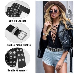 FIORETTO Double Grommet Leather Belt Women Men Punk Rock Waist Belts for Jeans Pants Double Holes Black-Silver