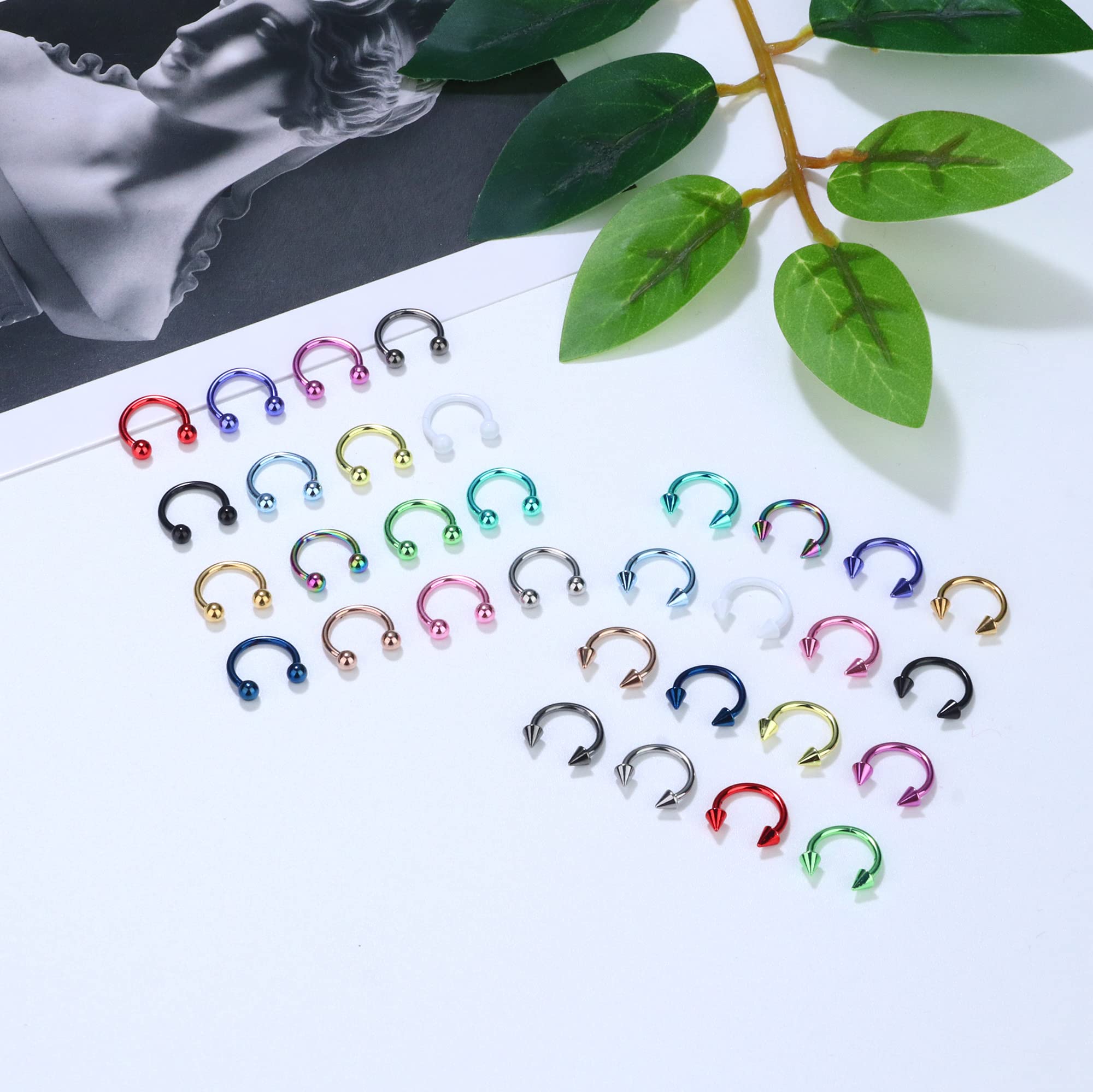 JOERICA 32PCS 16G Horseshoe Septum Rings Stainless Steel Nose Circular Barbells Rings Cartilage Tragus Helix Eyebrow Colorful Daith Earring Piercings Body Jewelry Ball/Arrow 8mm 10mm