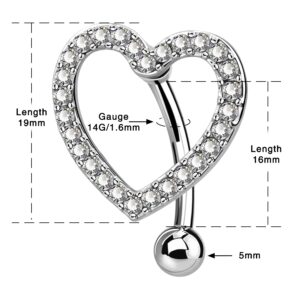 OUFER 16mm Belly Button Rings, Heart Reverse Navel Rings, Paved CZ Crystal Belly Piercing Jewelry, 14G Surgical Steel Curved Barbells for Women