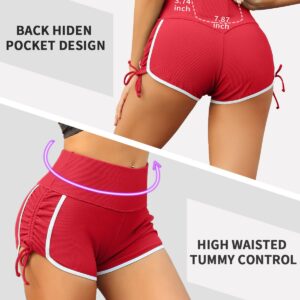 V FOR CITY Workout Shorts for Women High Waist with Pocket Ruched Side Drawstring Running Yoga Gym Athletic Short Pants Red