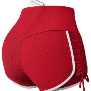 V FOR CITY Workout Shorts for Women High Waist with Pocket Ruched Side Drawstring Running Yoga Gym Athletic Short Pants Red