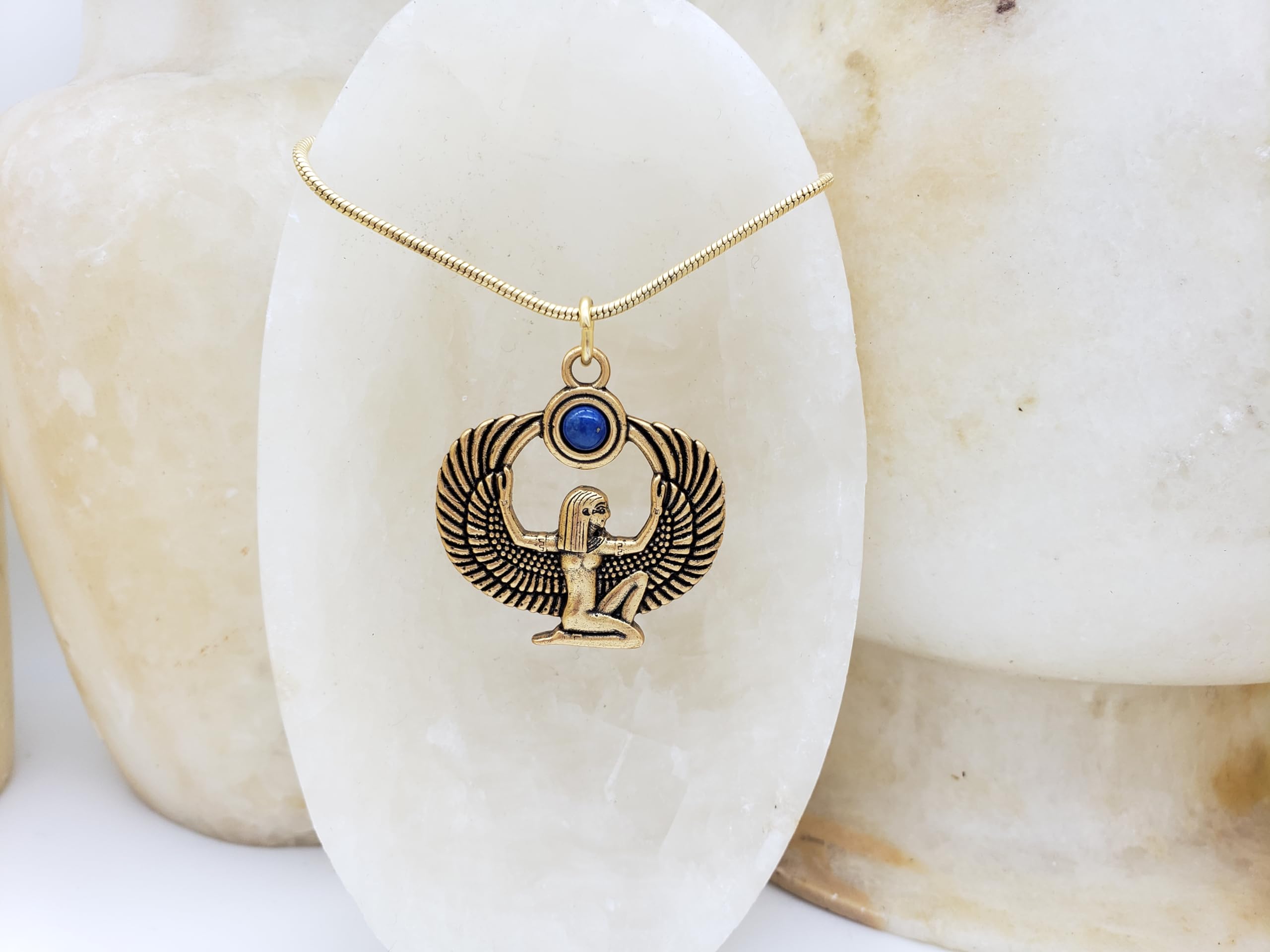 MUSEUM REPRODUCTIONS Egyptian Goddess Isis Pendant Necklace with Lapis - Antique Gold