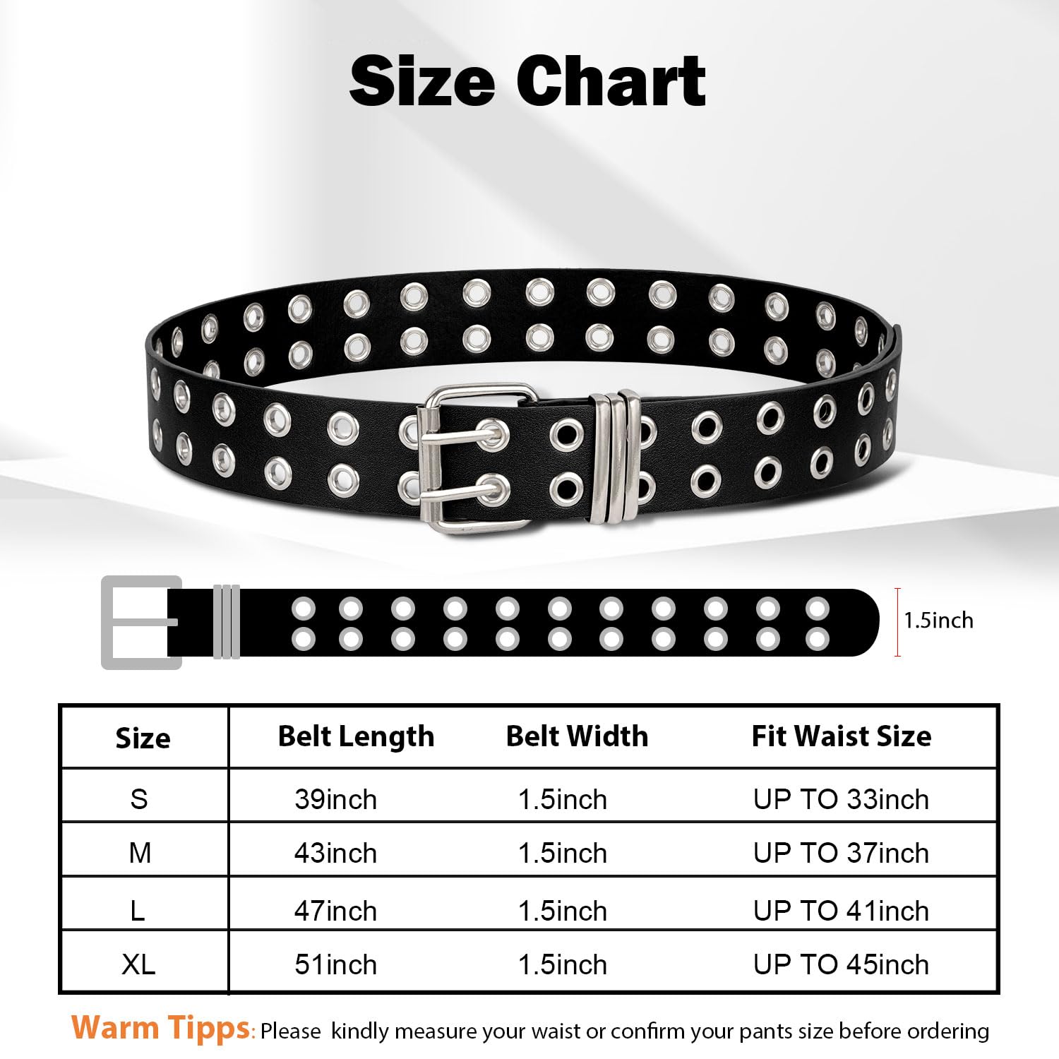 FIORETTO Double Grommet Leather Belt Women Men Punk Rock Waist Belts for Jeans Pants Double Holes Black-Silver