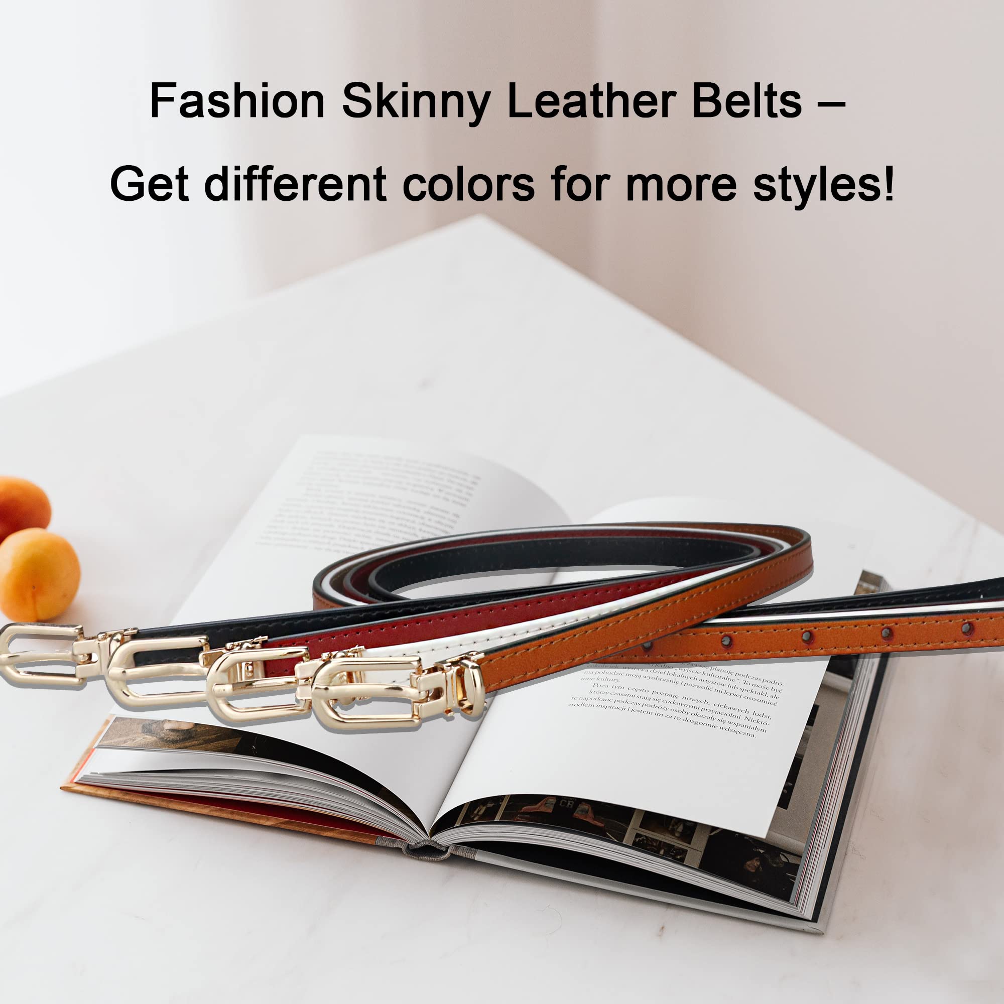 macoking 2 Pack Thin Belts for Women Leather Skinny Belt for Dress Adjustable (Black+Brown, S)